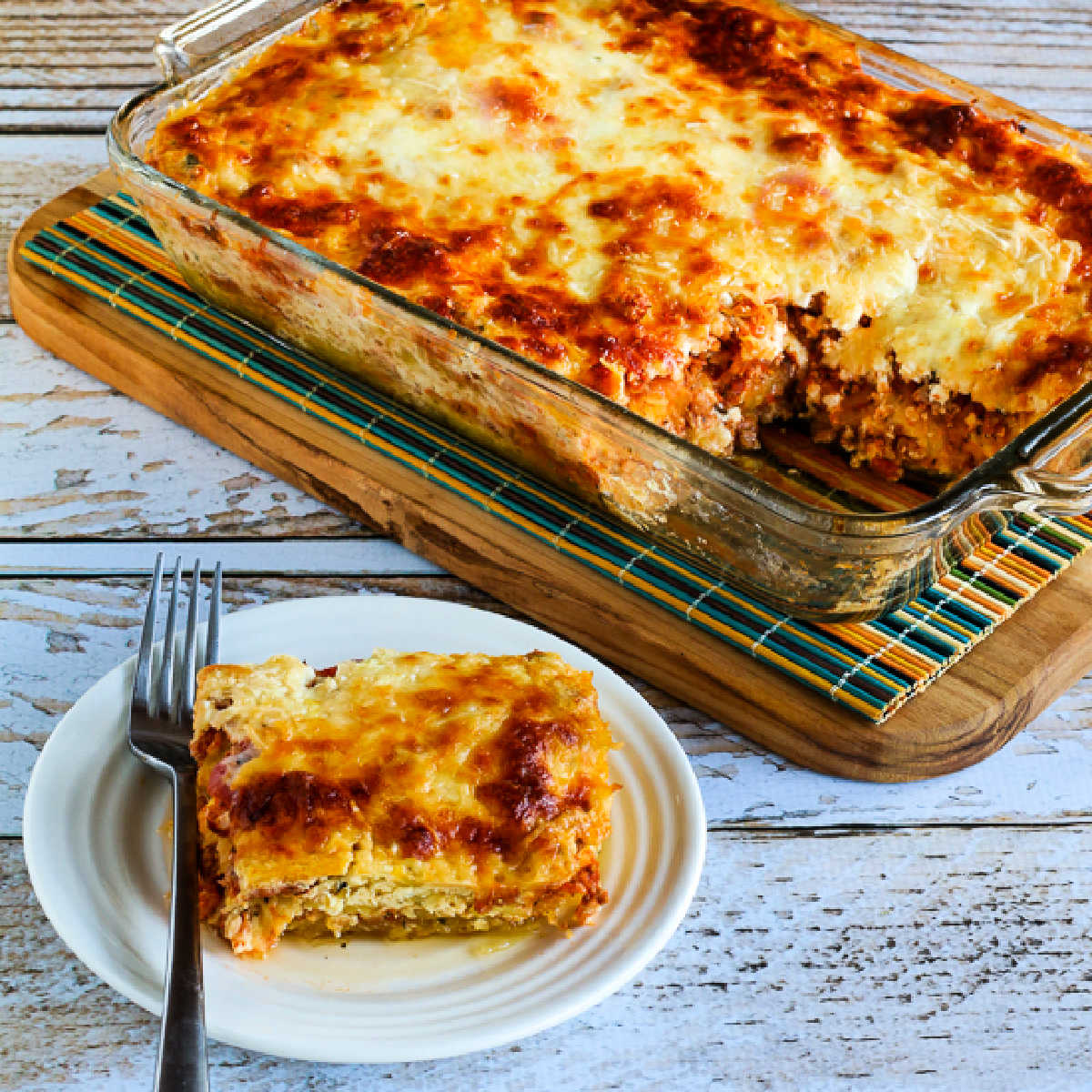square image of Mock Lasagna Spaghetti Squash Casserole with one serving on plate
