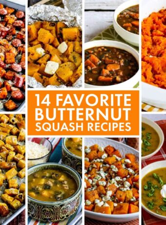 14 Favorite Butternut Squash Recipes collage with text overlay showing featured recipes.