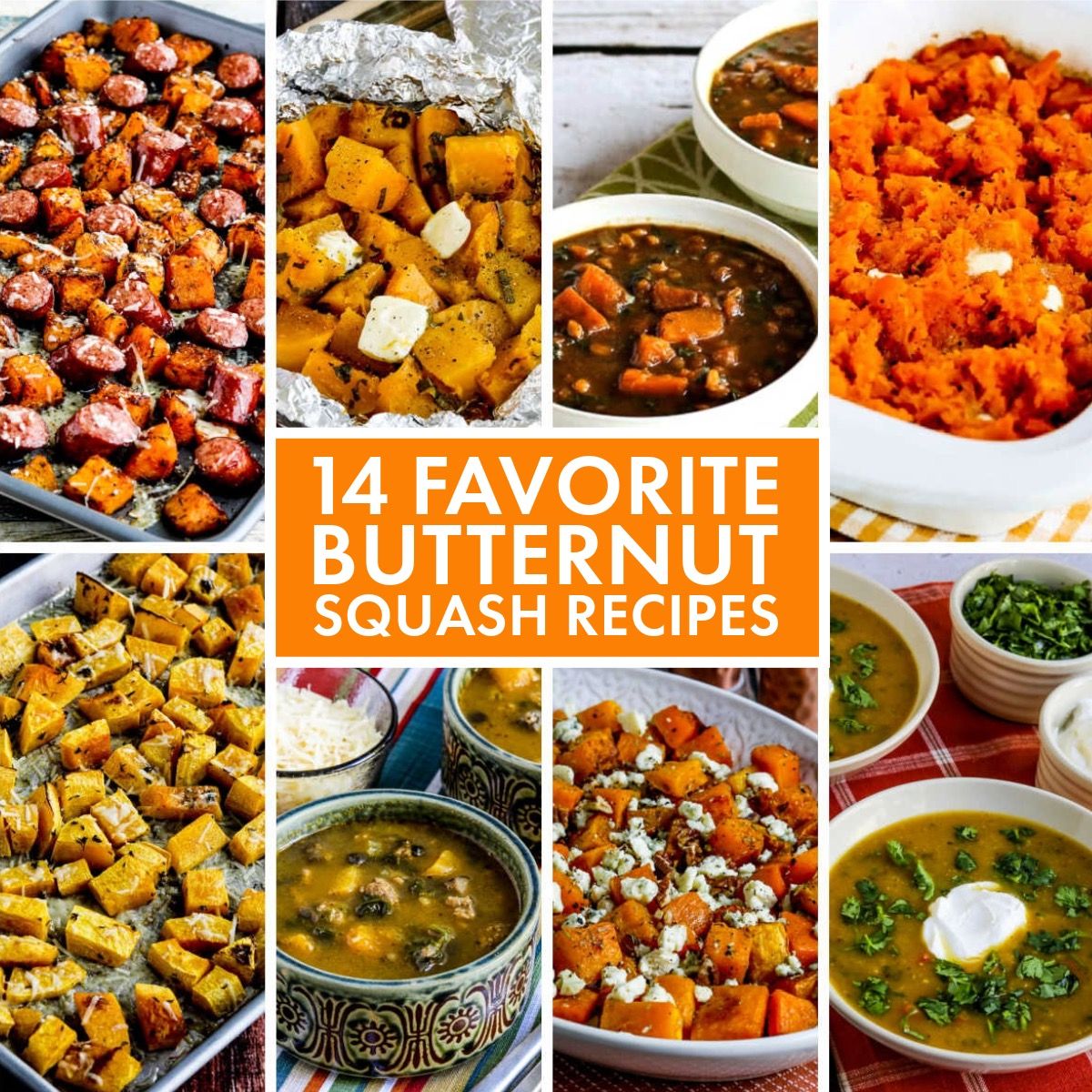14 Favorite Butternut Squash Recipes collage with text overlay showing featured recipes.