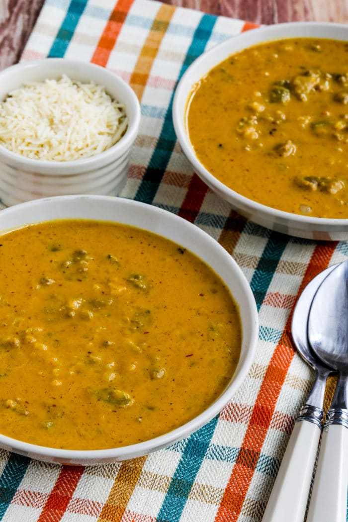 close-up of Instant Pot Pumpkin Soup in two bowls