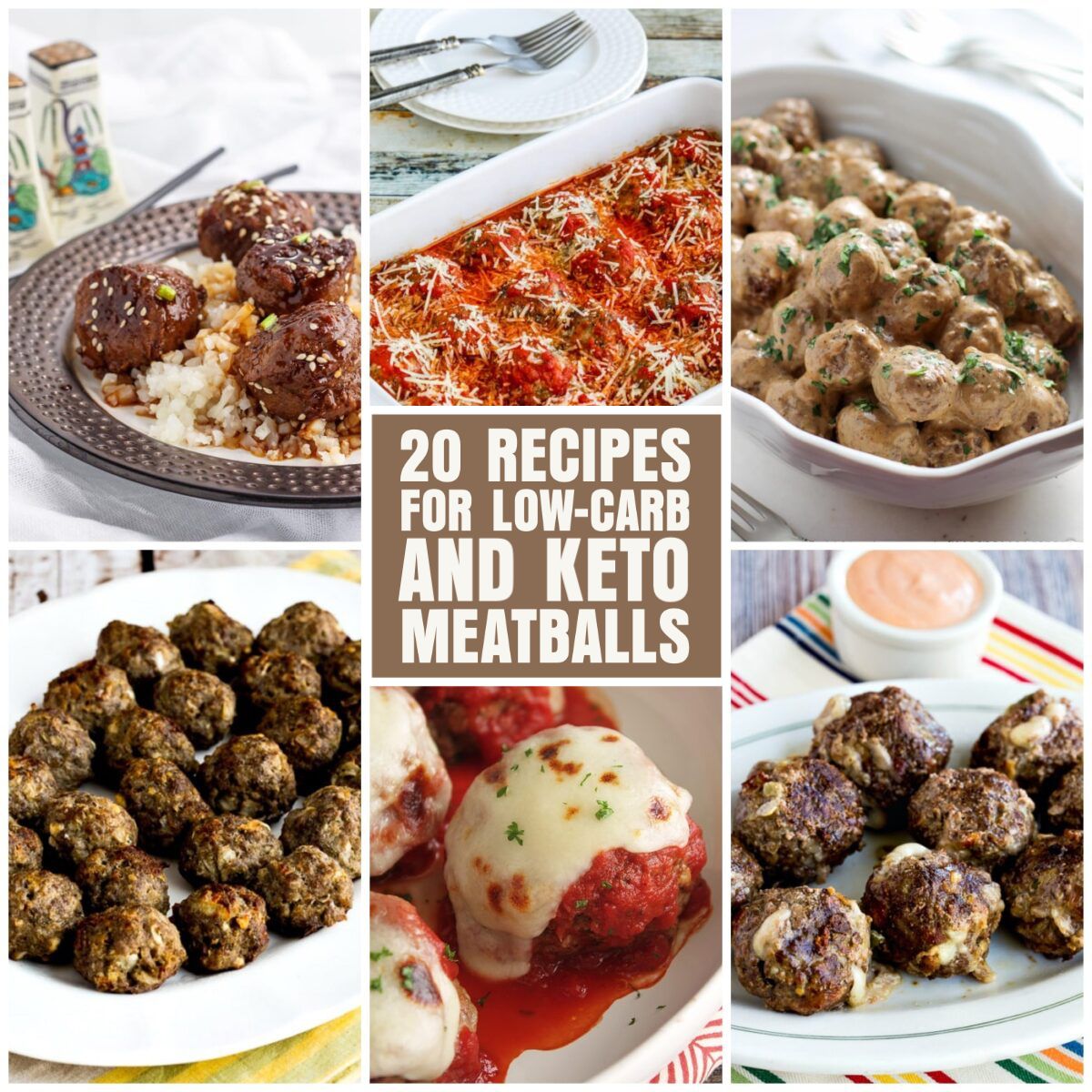 20 Recipes for Low-Carb and Keto Meatballs collage of featured recipes with text overlay.