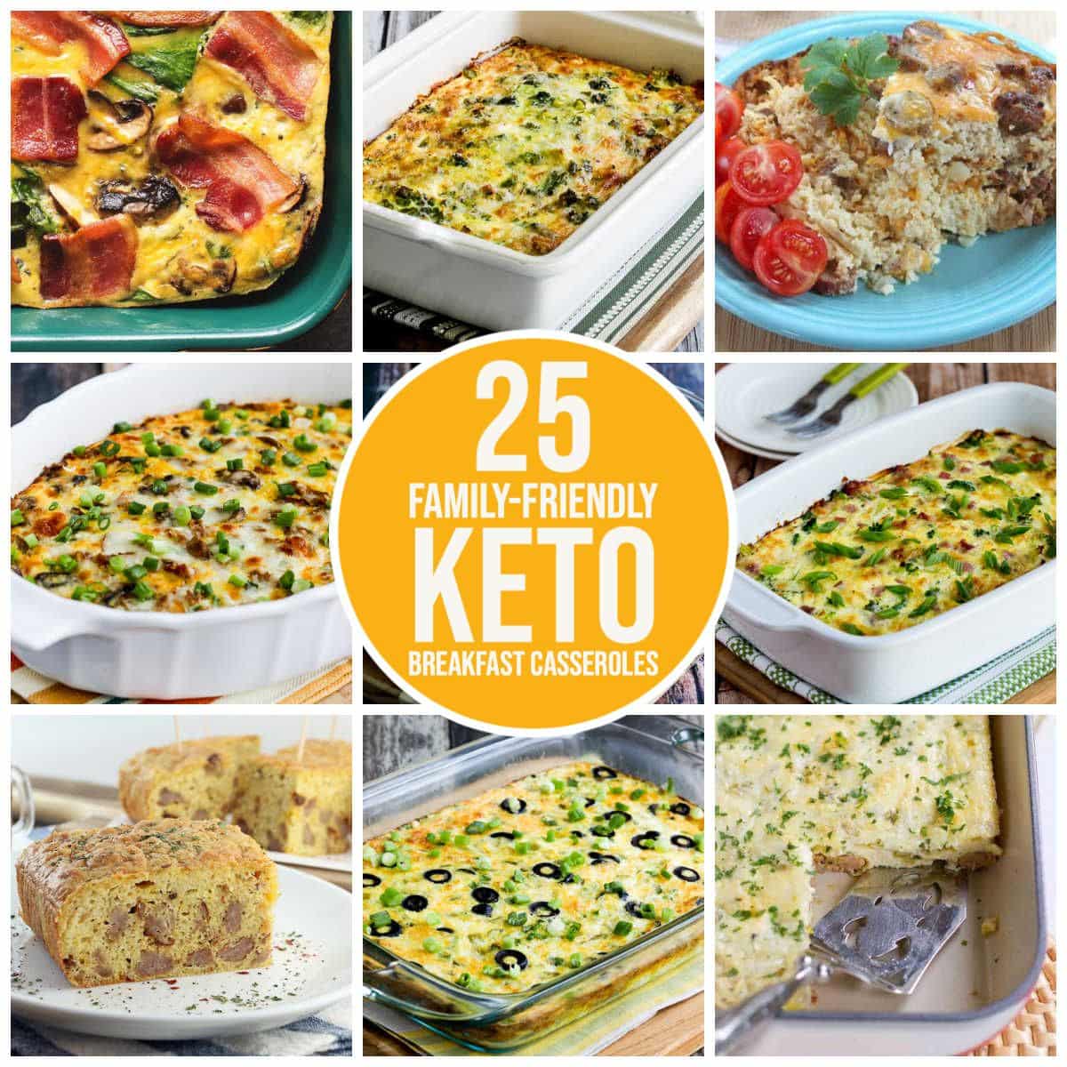 Collage of 25 family-friendly keto breakfast casseroles featured recipes with text overlays