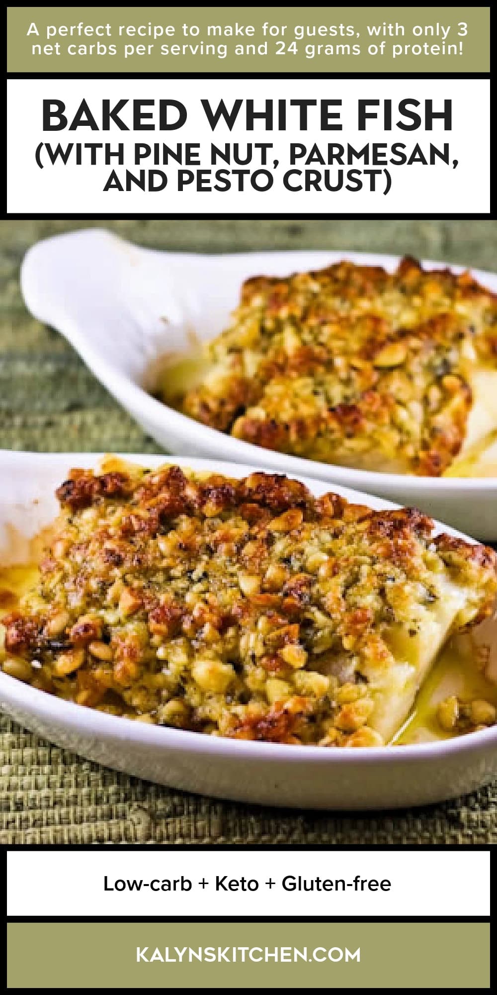 Pinterest image of Baked White Fish (with Pine Nut, Parmesan, and Pesto Crust)