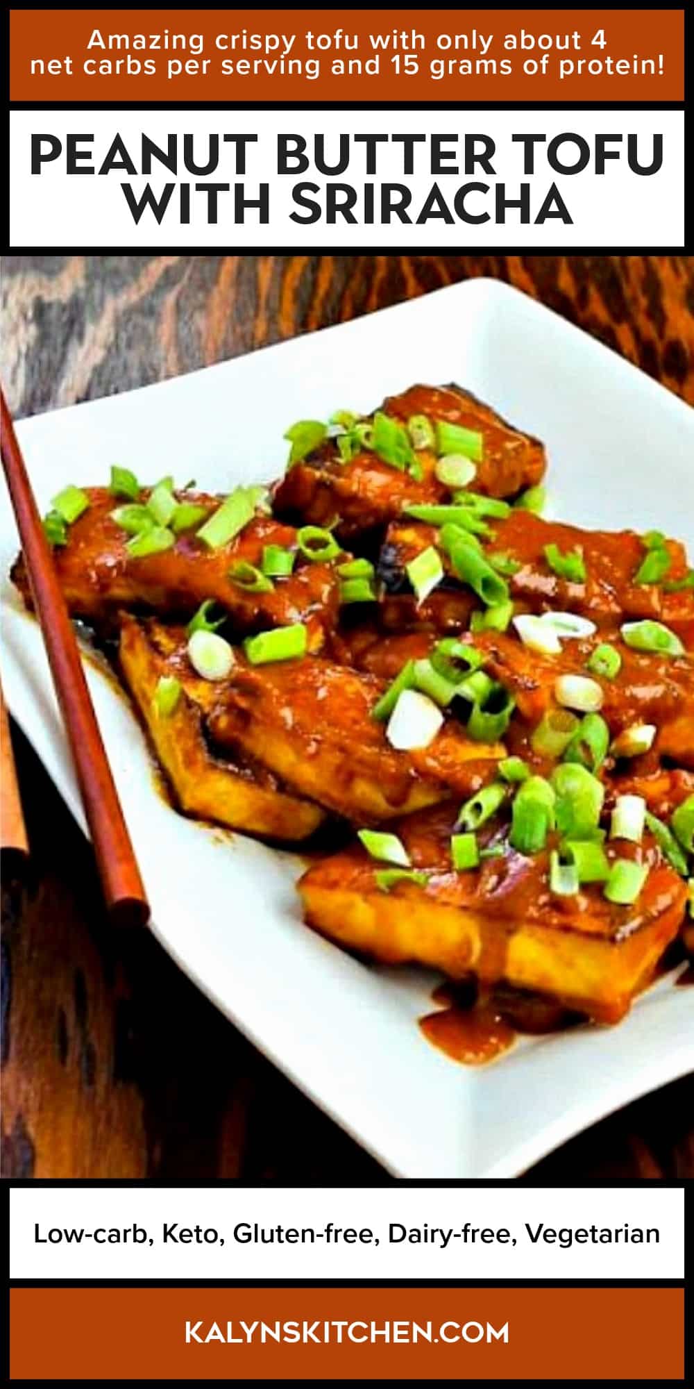 Pinterest image of Peanut Butter Tofu with Sriracha