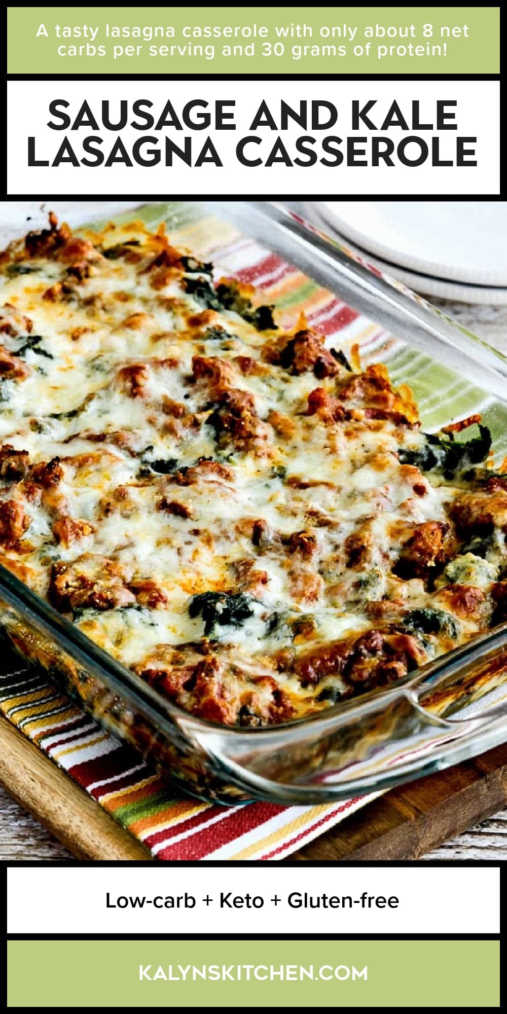 Pinterest image of Sausage and Kale Lasagna Casserole