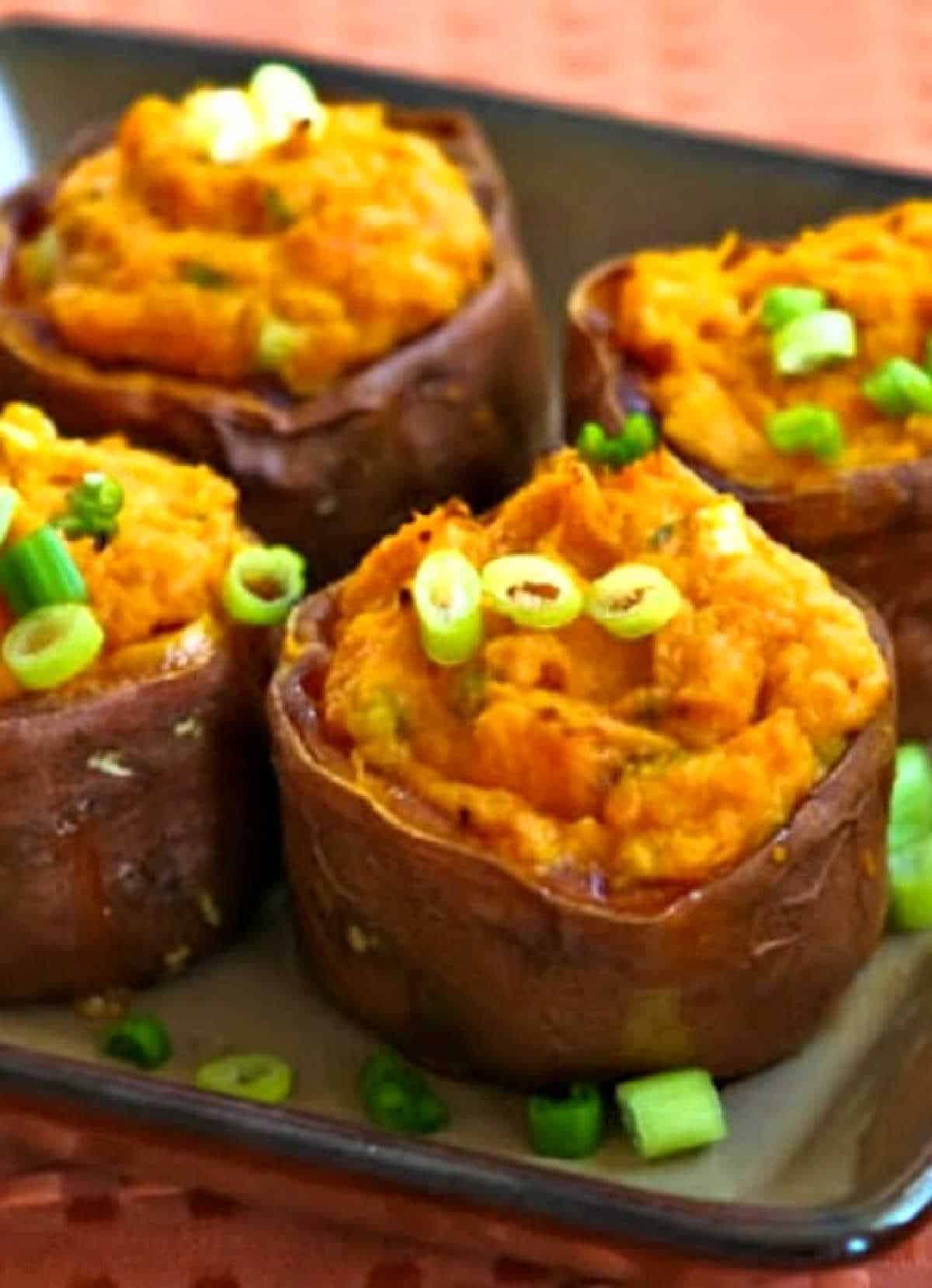 Twice-Baked Sweet Potatoes shown on serving plate