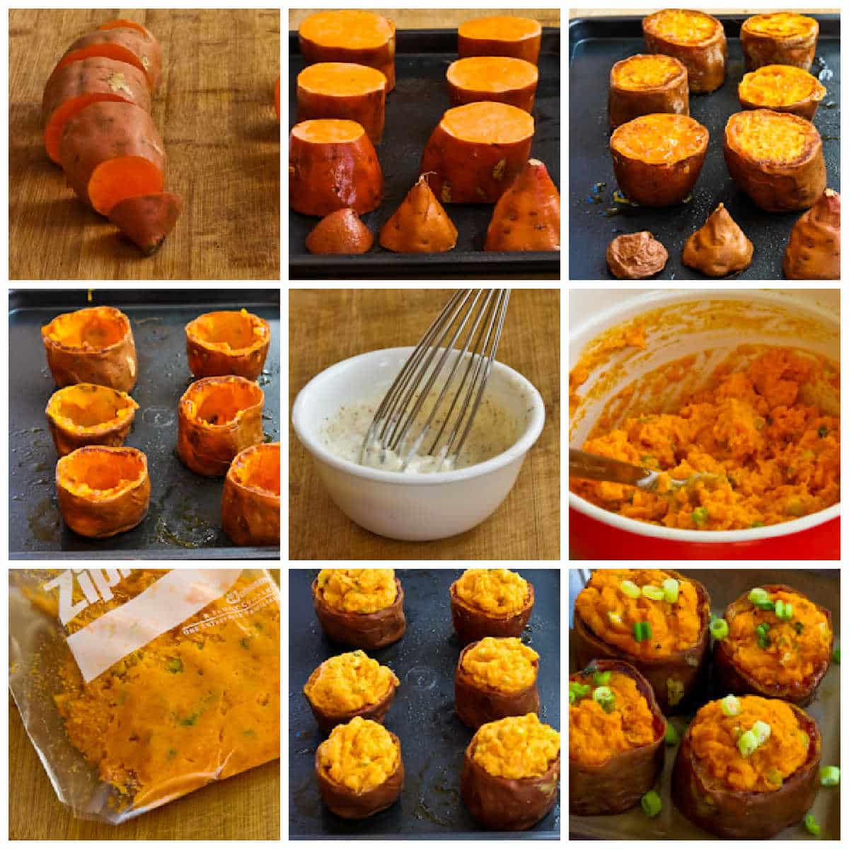 Savory Twice-Baked Sweet Potatoes collage of recipes steps.
