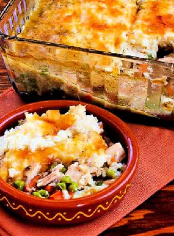 Square image for Turkey Shepherd's Pie with Cauliflower with one serving in bowl and baking dish in back.