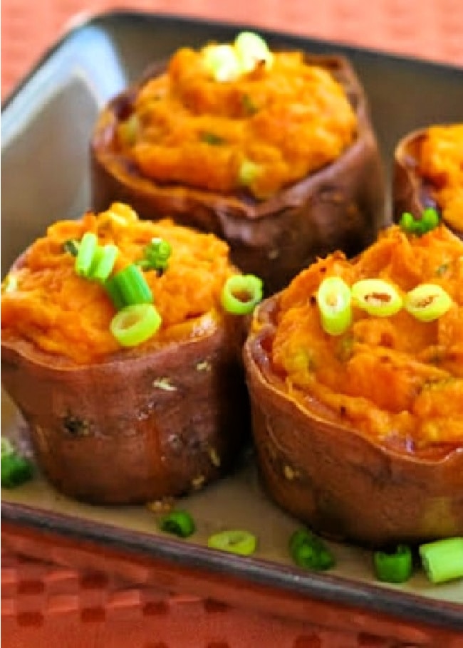 Cropped image of Savory Twice-Baked Sweet Potatoes on serving plate.