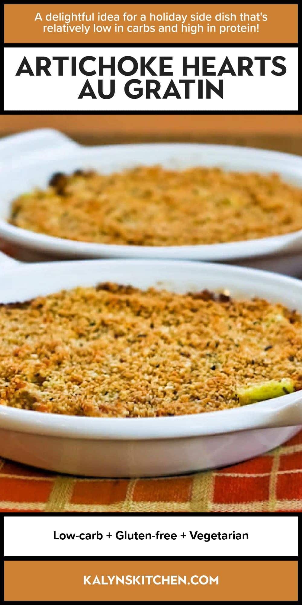 Pinterest image for Artichoke Hearts au Gratin shown in two gratin dishes.