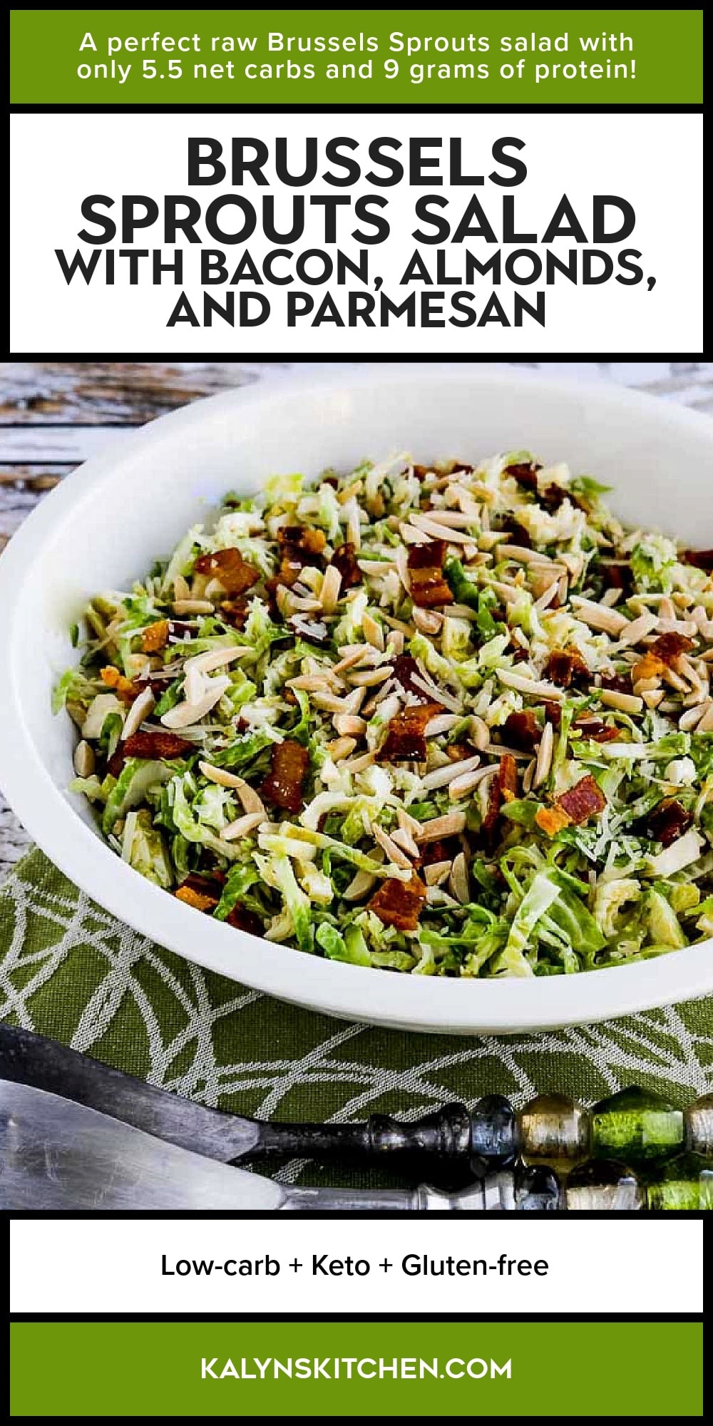 Pinterest image of Brussels Sprouts Salad with Bacon, Almonds, and Parmesan