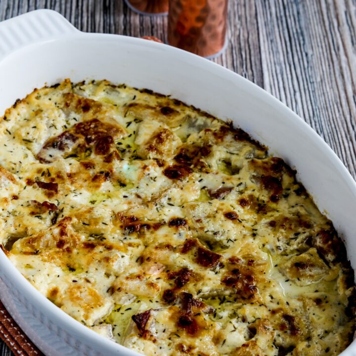 close-up photo of Turnip Gratin with Bacon shown in baking dish