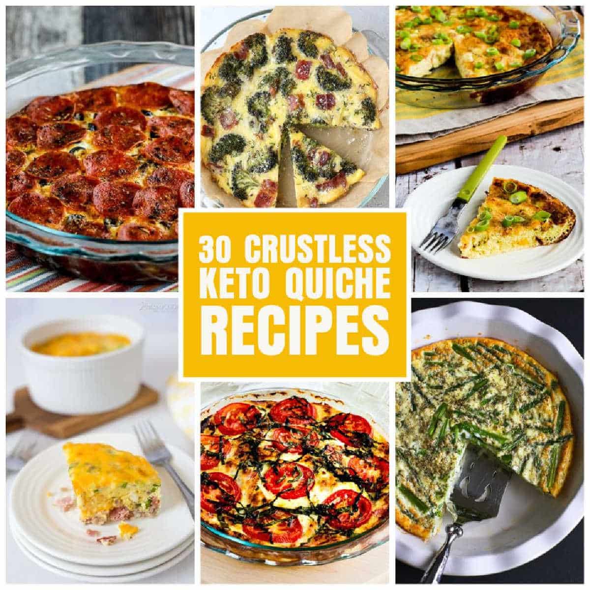 A collage of 30 crustless keto quiche recipes with photos of featured recipes.