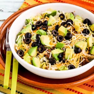 Square image for Perfect Low-Carb Taco Salad shown in serving bowl.