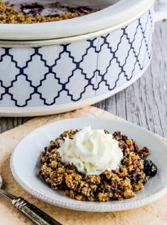 Square image for Slow Cooker Blueberry Crisp with one serving on plate and slow cooker in back.