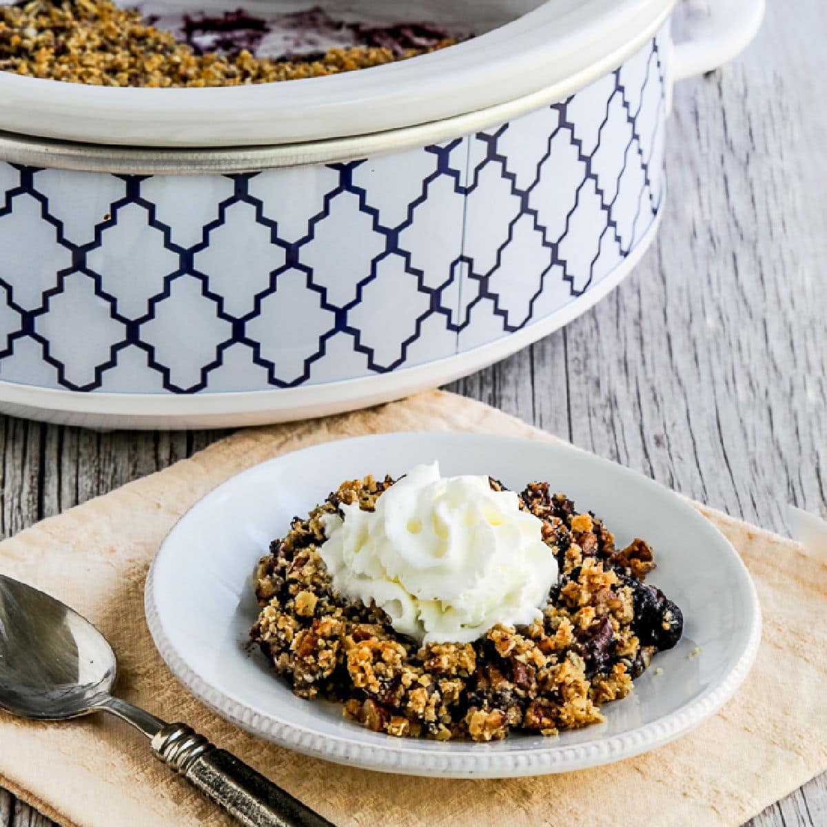 Square image for Slow Cooker Blueberry Crisp with one serving on plate and slow cooker in back.