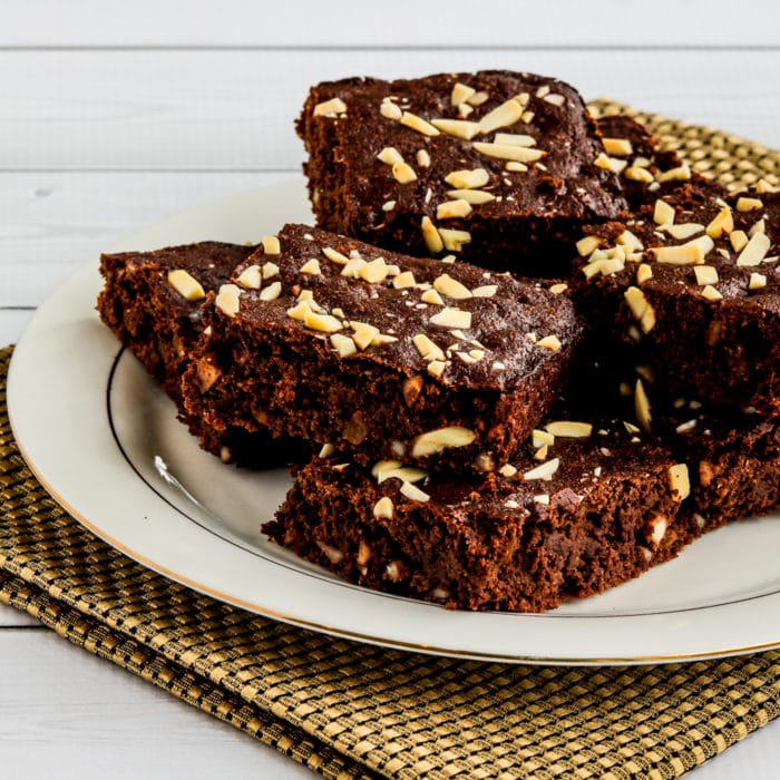 Almond Flour Brownies square image of brownies on serving plate