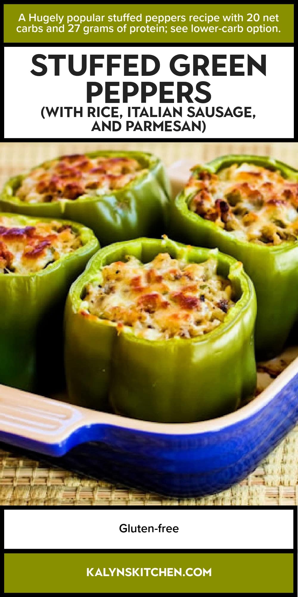 Pinterest image of Stuffed Green Peppers (with Rice, Italian Sausage, and Parmesan)