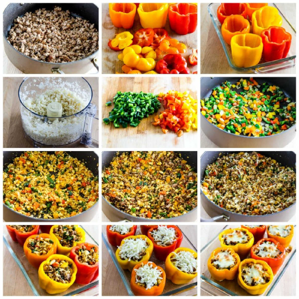 collage of recipe steps for Cauliflower Rice Stuffed Peppers