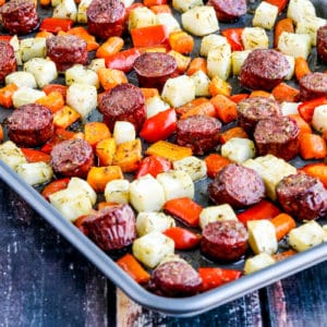 Sheet Pan meal of Sausage and Veggies square thumbnail image of roasted food on pan.