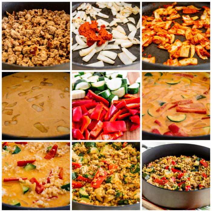 One-Pan Ground Turkey Curry collage showing recipe steps