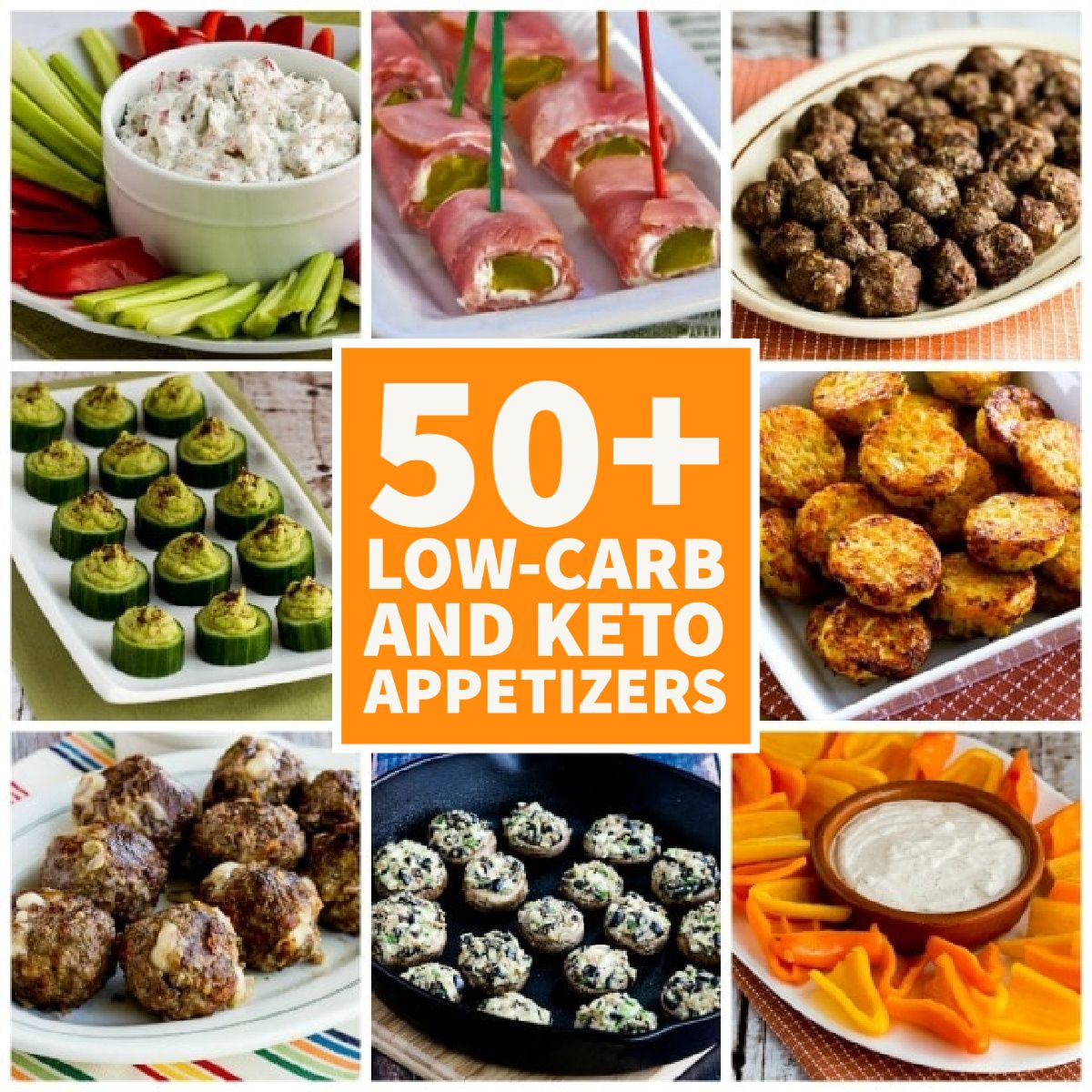 Collage and text overlay of 50+ low carb and keto appetizer featured recipes