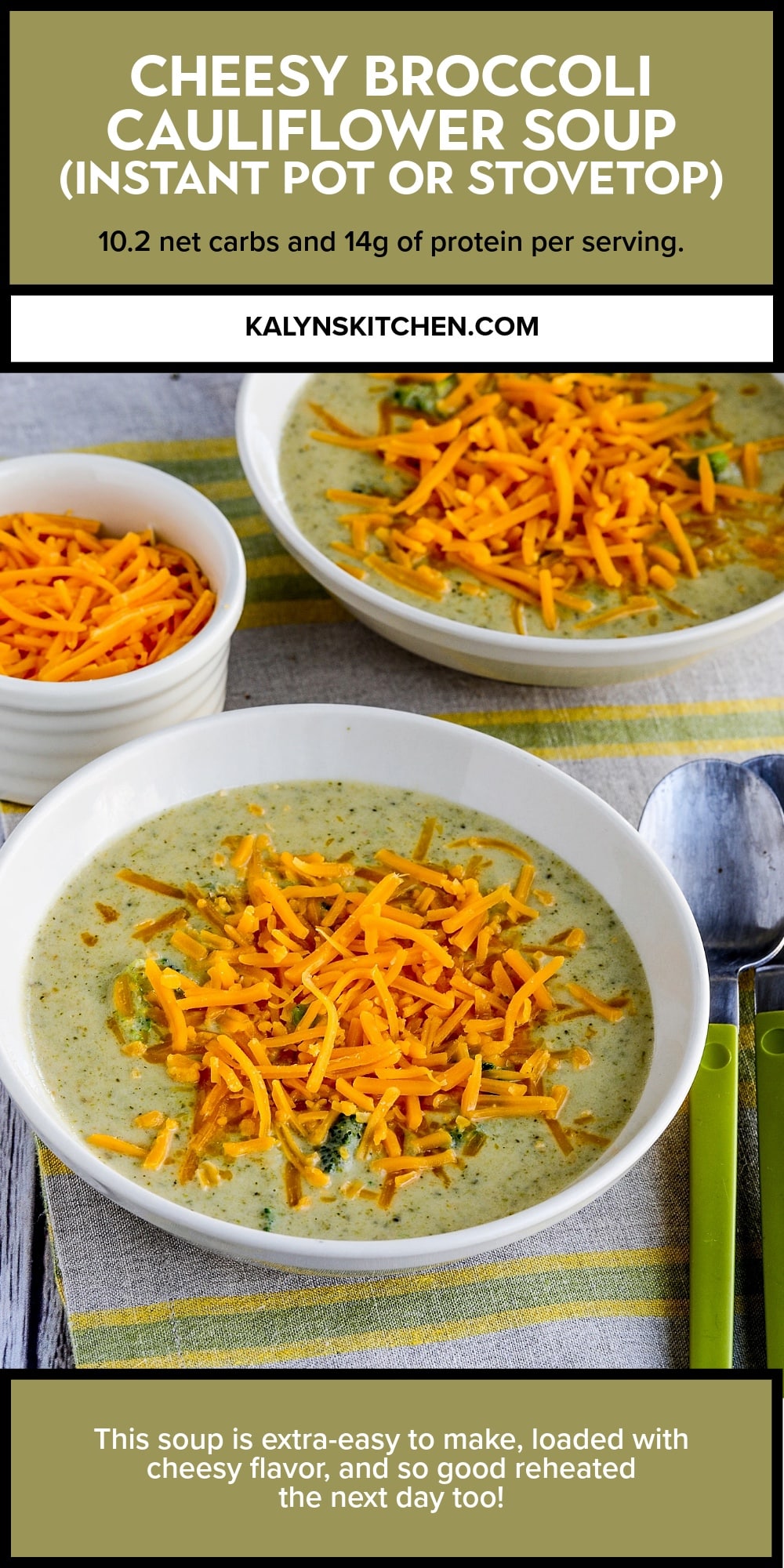 Pinterest image of Cheesy Broccoli Cauliflower Soup (Instant Pot or Stovetop)