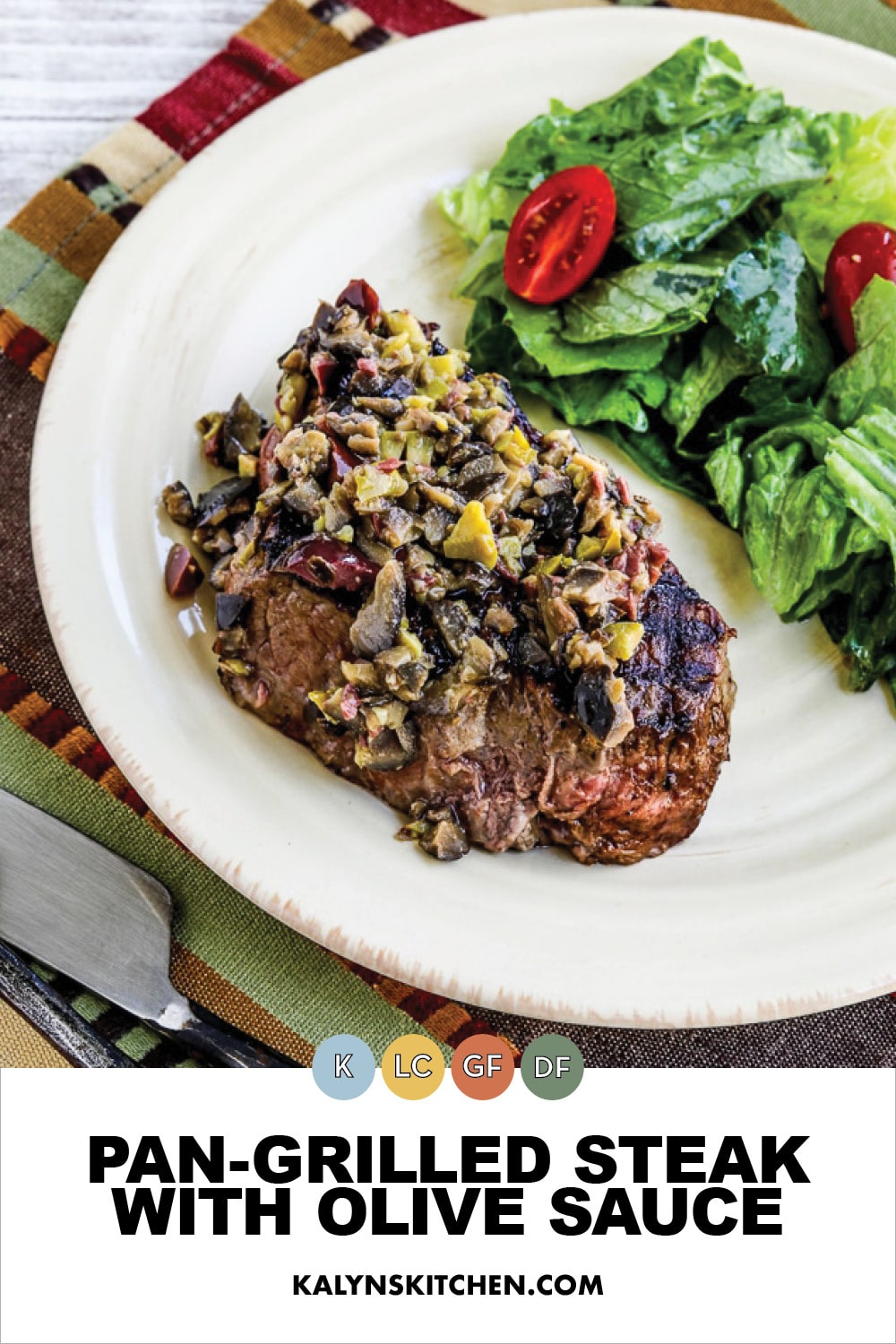 Pinterest image of Pan-Grilled Steak with Olive Sauce