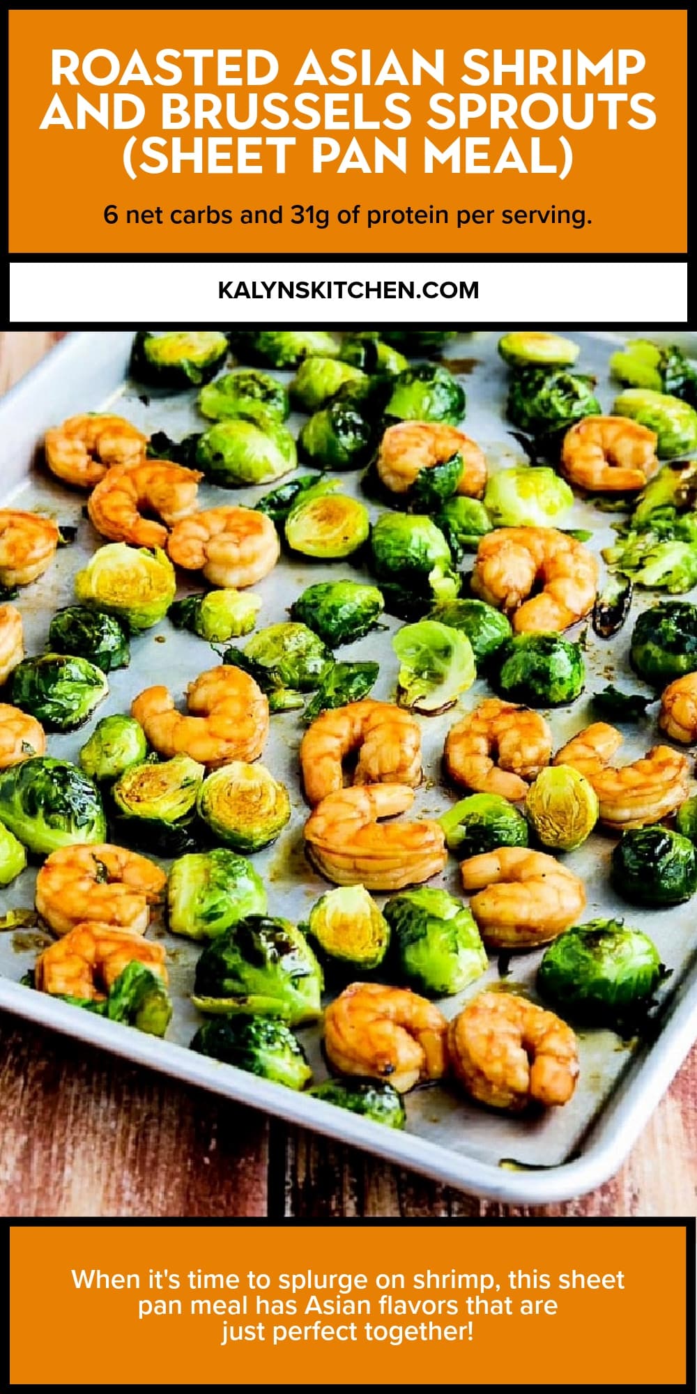 Pinterest image of Roasted Asian Shrimp and Brussels Sprouts (Sheet Pan Meal)