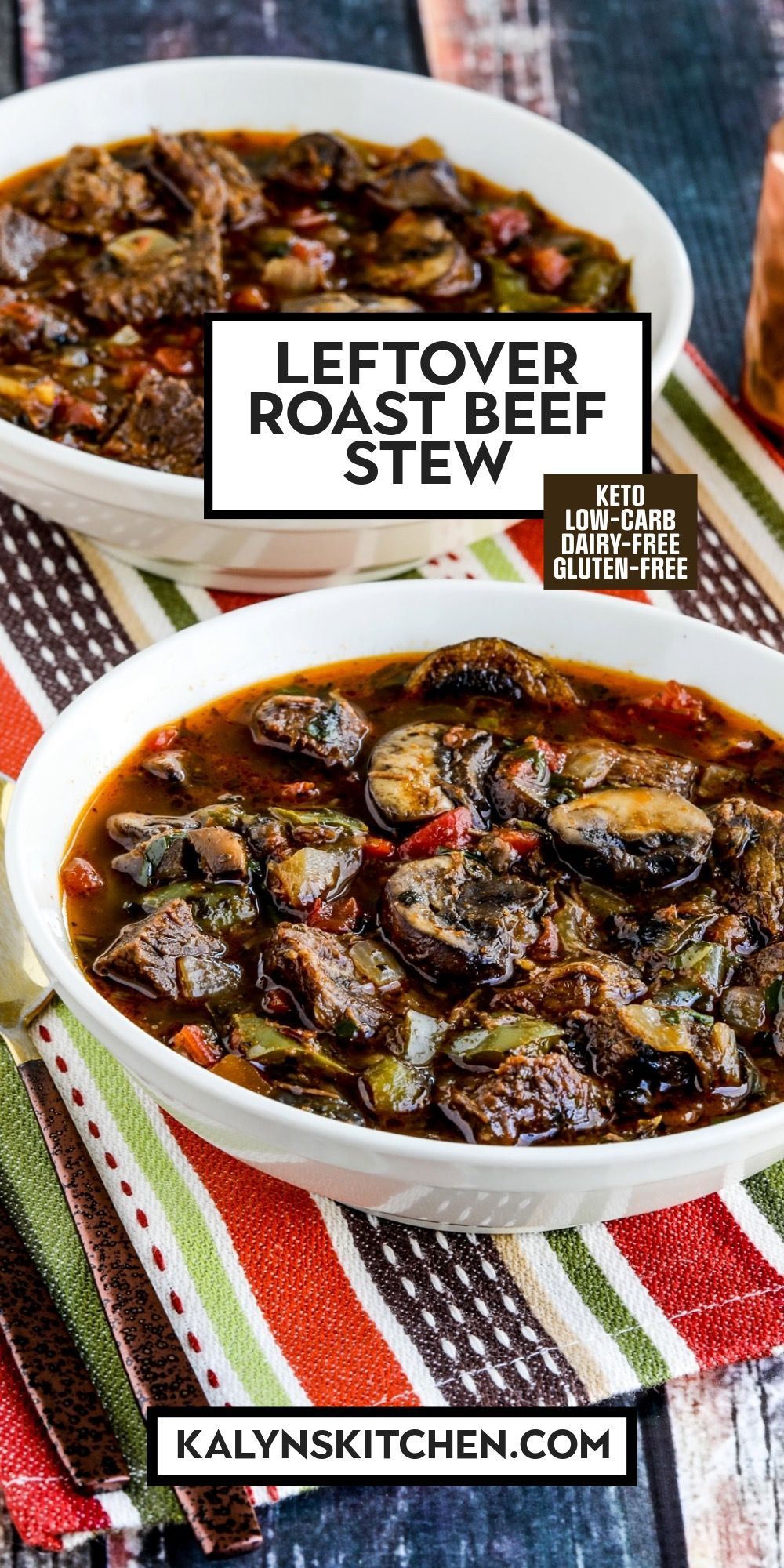Pinterest image for Leftover Roast Beef Stew shown in two serving bowls.