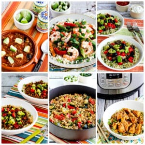 Collage photo showing dinners made with frozen cauliflower rice.