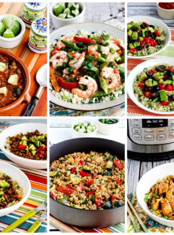 Collage photo showing dinners made with frozen cauliflower rice.