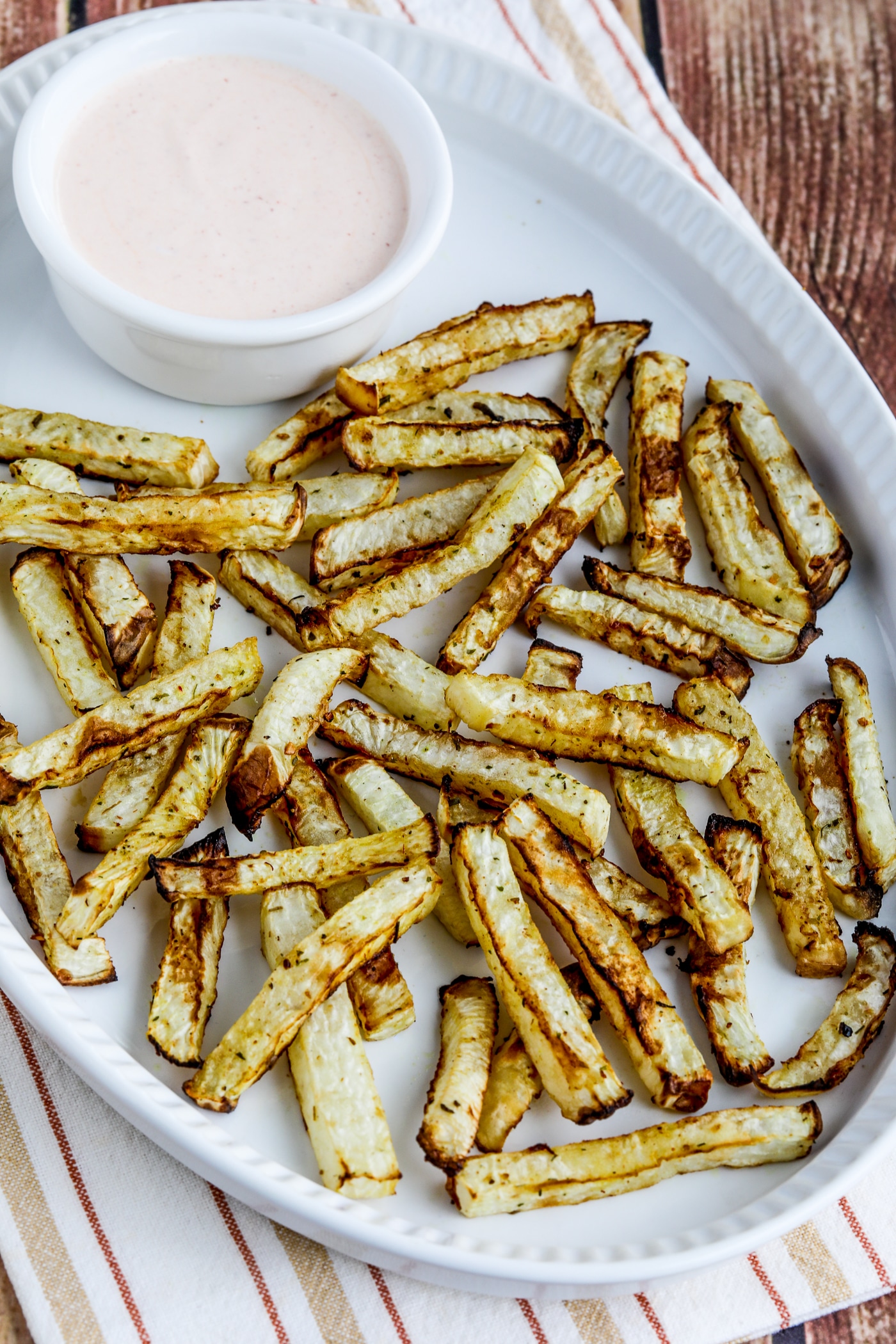 Air Fryer Turnip Fries shown on serving platter with Utah fry sauce