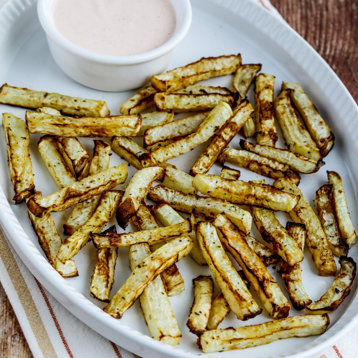 square image of Air Fryer Turnip Fries on serving platter