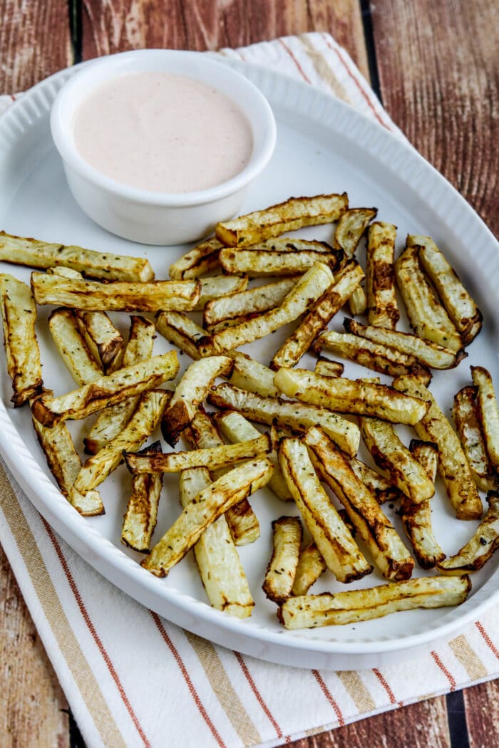 Air Fryer Turnip Fries smaller shot of fries and fry sauce on platter