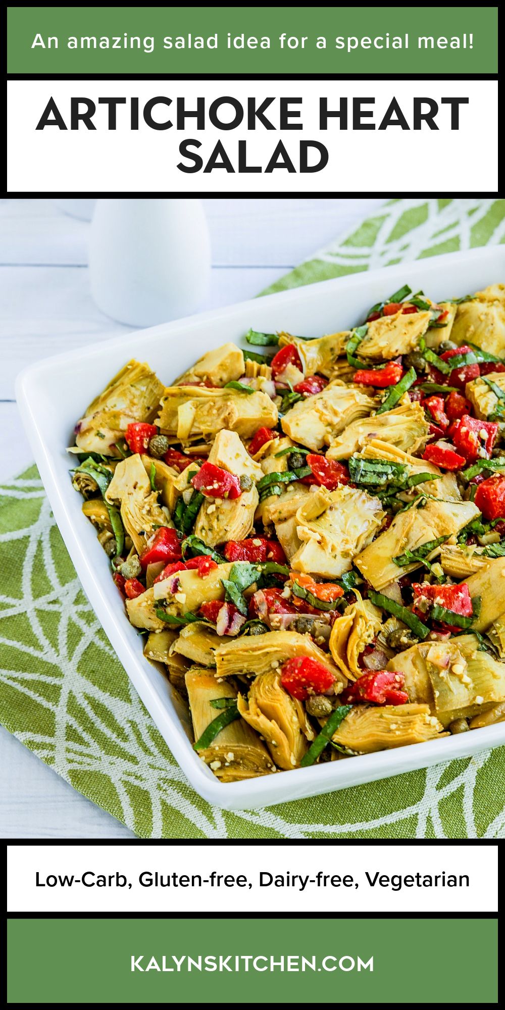 Pinterest image for Artichoke Heart Salad shown in serving bowl.