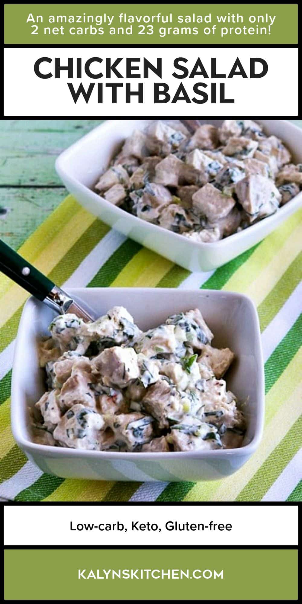 Pinterest image for Chicken Salad with Basil showing two basils with salad.