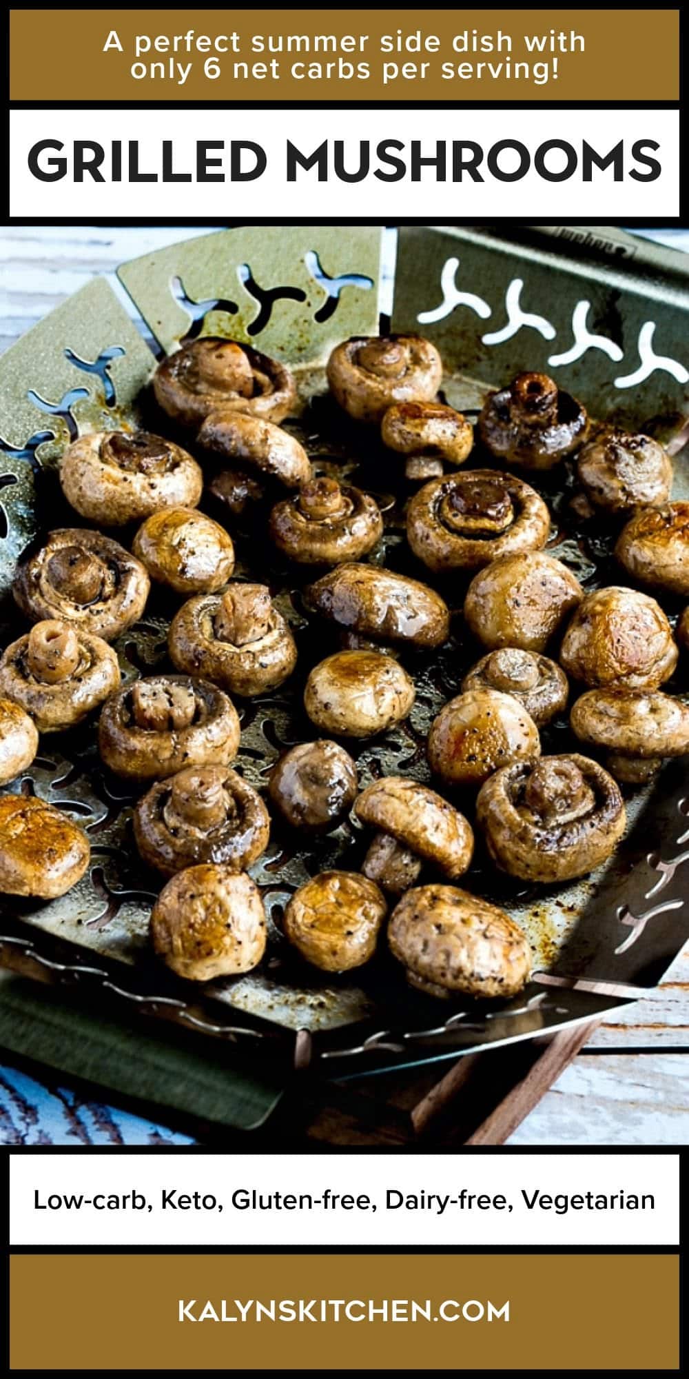 Pinterest image for Grilled Mushrooms shown in grilling basket.