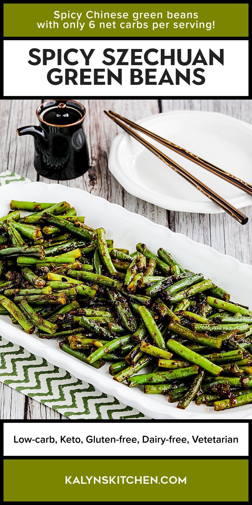 Pinterest image for Spicy Szechuan Green Beans shown on serving plate.