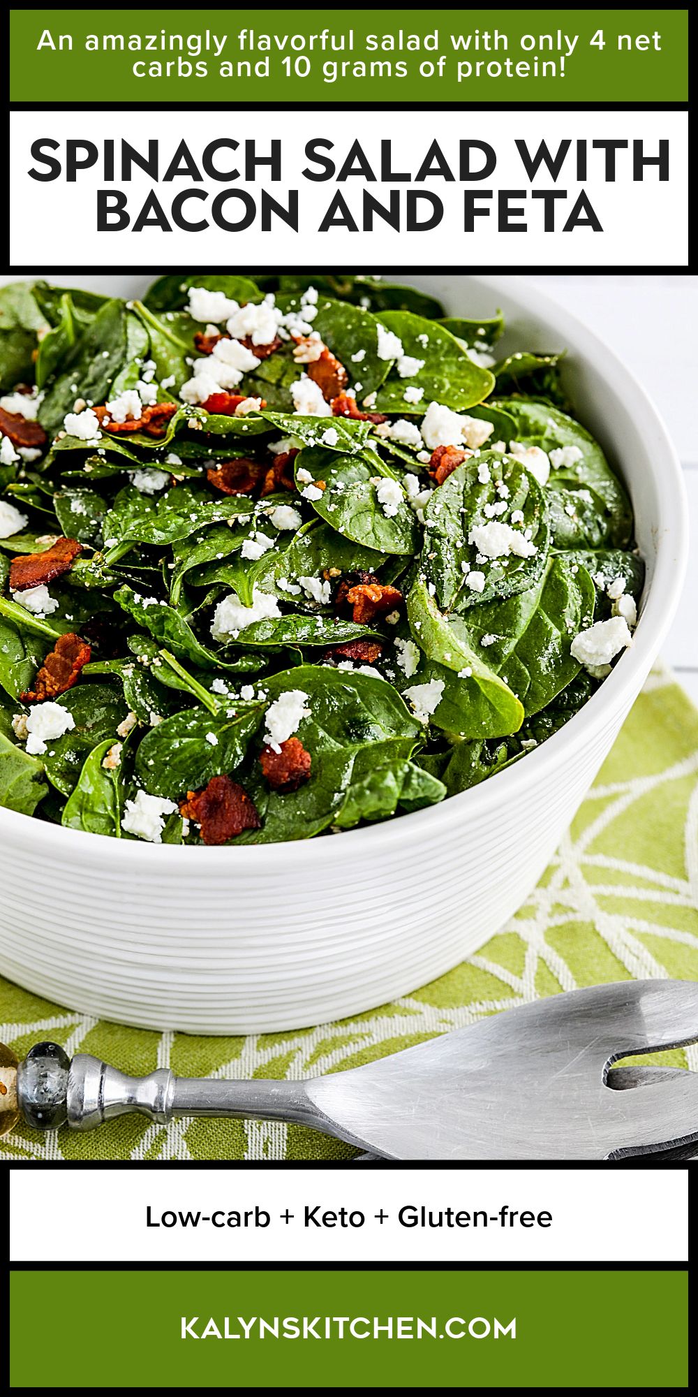 Pinterest image for Spinach Salad with Bacon and Feta showing salad in serving bowl.