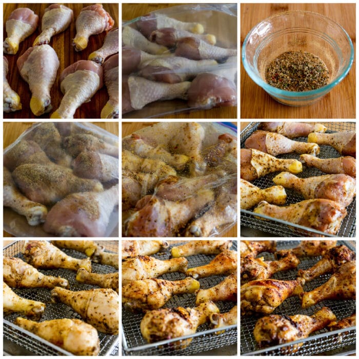 Air Fryer Chicken Drumsticks collage of recipe steps