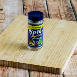 Square image of Vege-Sal (Vegetable and Salt Seasoning Blend) bottle shown on cutting board.