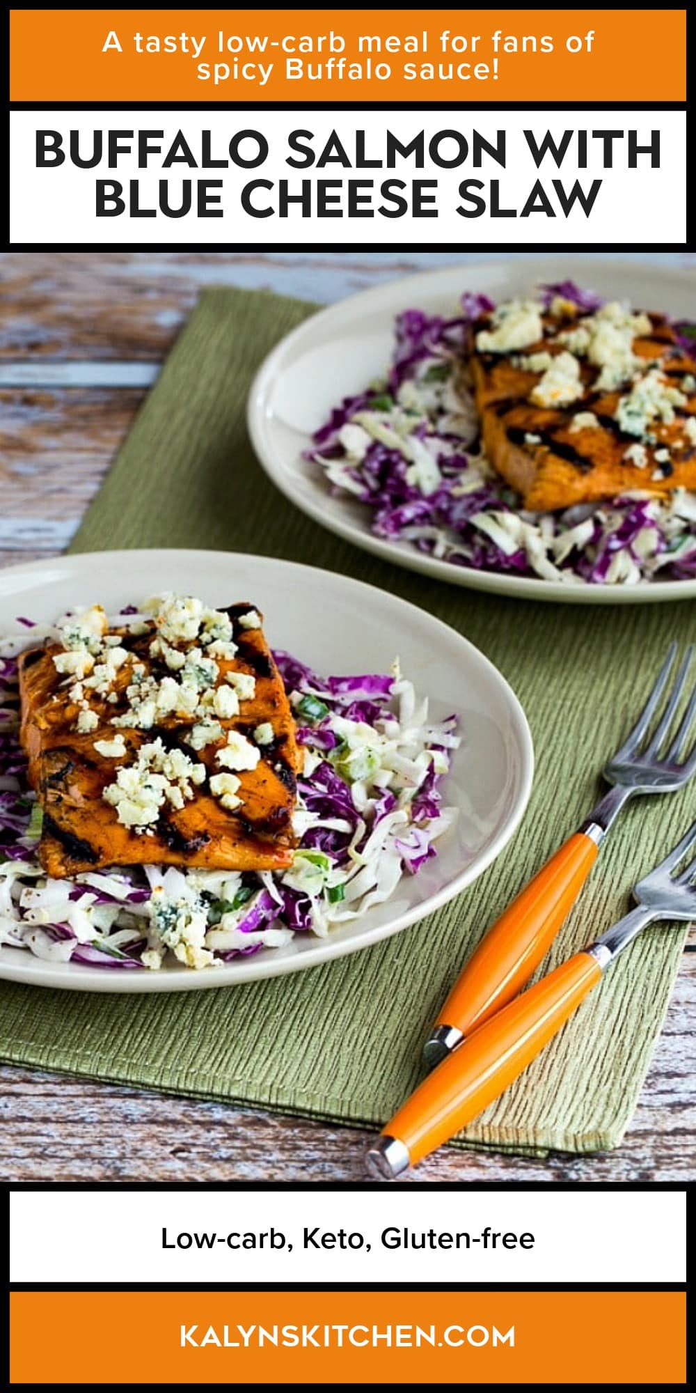 Pinterest image of Buffalo Salmon with Blue Cheese Slaw