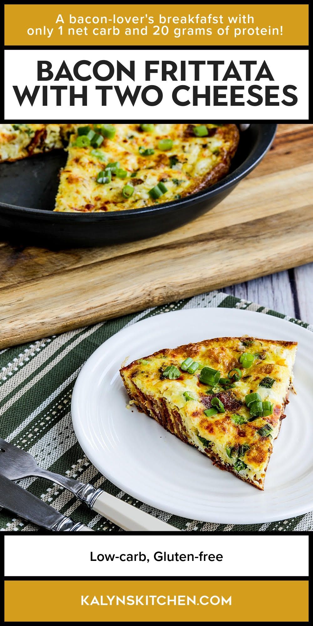 Pinterest image of Bacon Frittata shown on serving plate with frittata in pan in background.