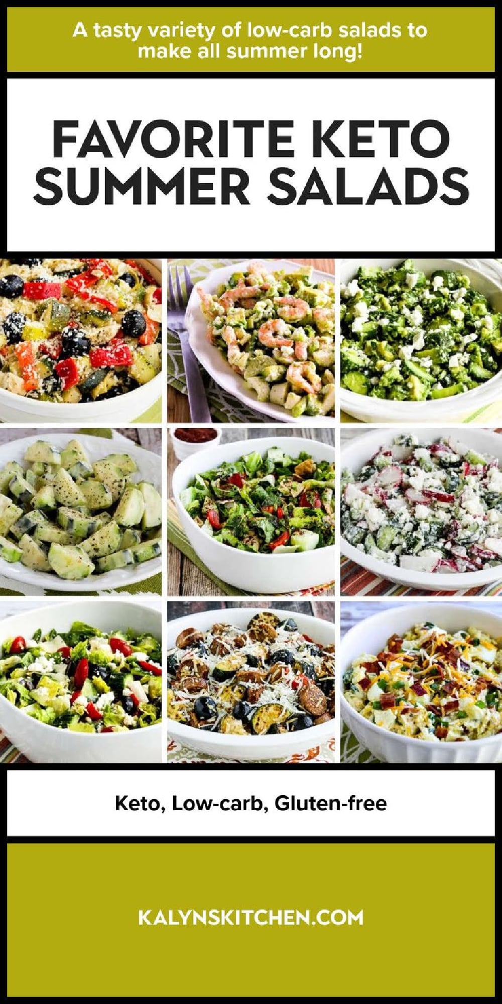 Pinterest image for Favorite Keto Summer Salads showing featured recipes.