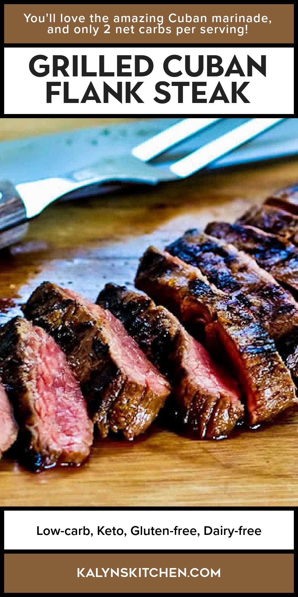 Pinterest image of Grilled Cuban Flank Steak shown sliced on cutting board with serving fork.
