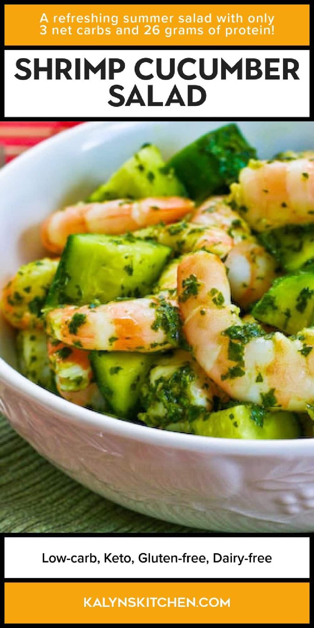 Pinterest image for Shrimp Cucumber Salad shown in serving bowl.
