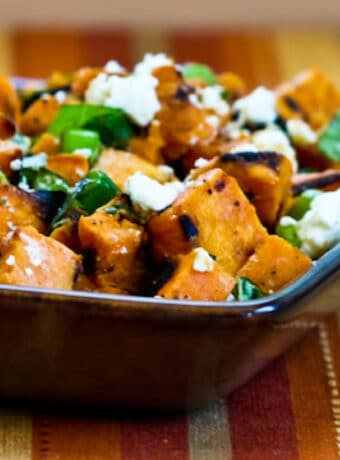 Grilled Sweet Potato Salad in square serving bowl.