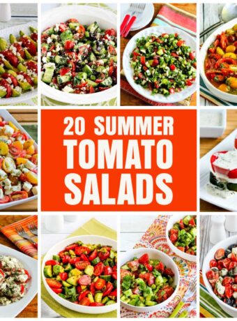 Text overlay collage for 20 Summer Tomato Salads with photos of featured recipes.