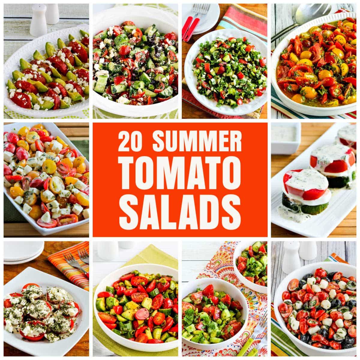 Text overlay collage for 20 Summer Tomato Salads with photos of featured recipes.
